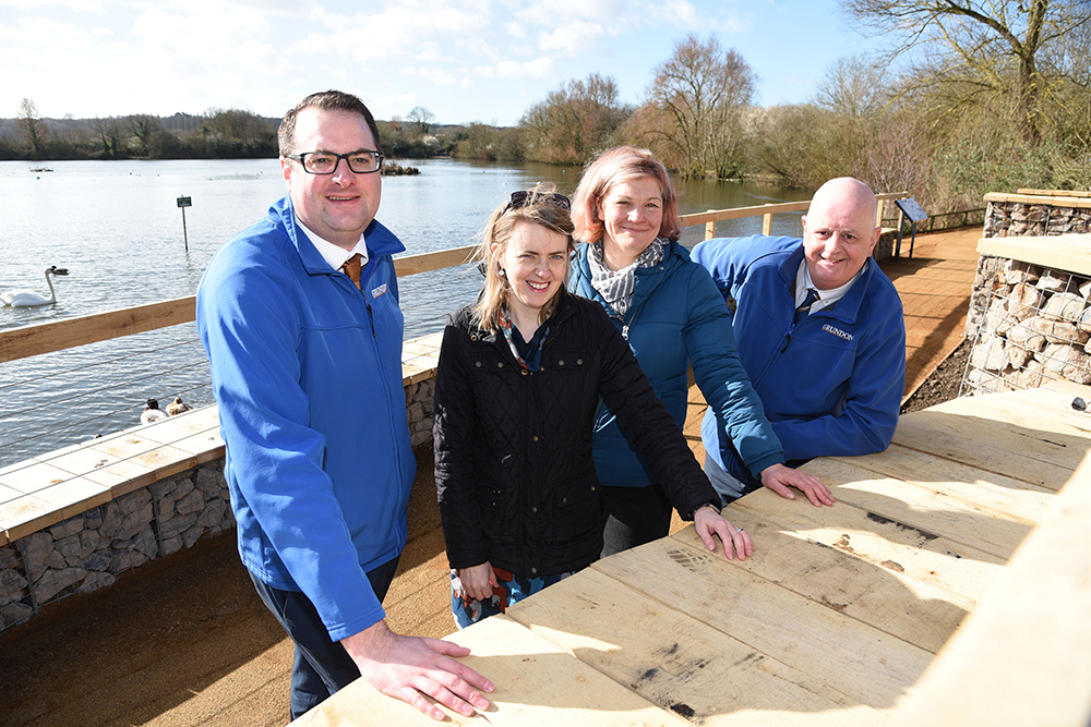 Grundon Sand &amp; Gravel's, Andrew Moore, Area Sales Representative and Pete Moss, Sales Manager, joined BBOWT's Laura Pepper, Head of Development and Liz Shearer, Head of People Engagement, to celebrate the opening of the new waterfront redevelopment