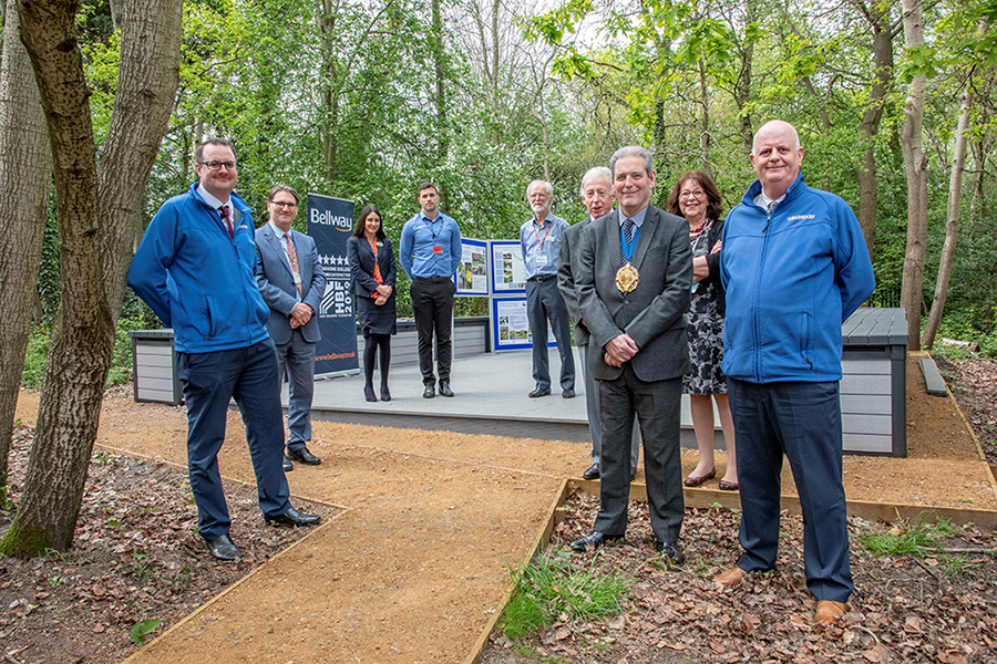 The opening of the outdoor classroom at Guillemont Junior School, attended by Andrew Moore, Area Sales Representative (left) and Pete Moss, Sales Manager (right) from Grundon Sand & Gravel with Stephen Masterson, Mayor of Rushmoor.