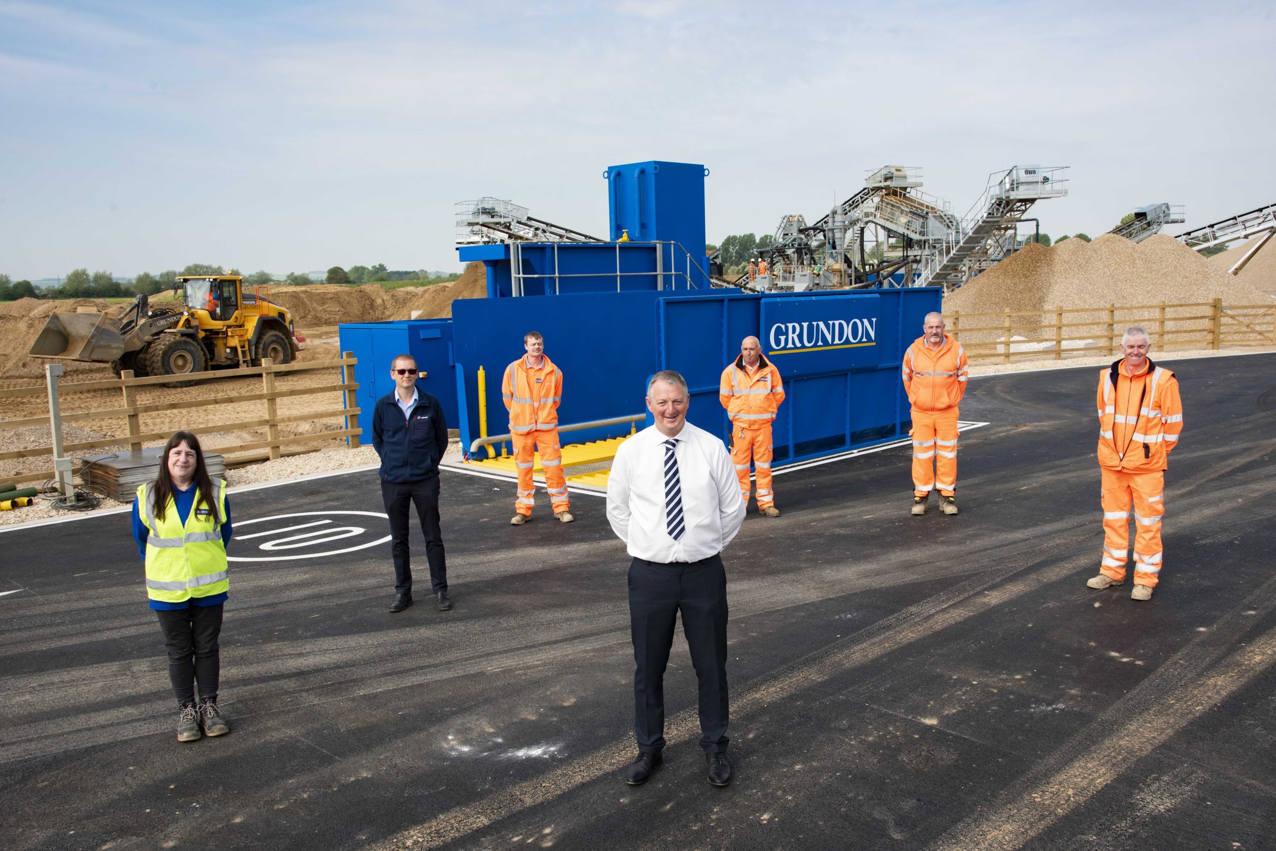 The New Barn Farm Quarry team (L-R):  Helen Corcoran, Weighbridge Operator; David Piper, Operations Manager; Carl Simpson, Plant Operative; Andrew Bright, General Manager – Aggregates; Dennis Winthrop, Site Supervisor; Stephen Benger, Plant Operative; Wayne Dumelow, Quarry Manager